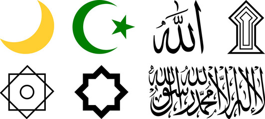 Collection of symbols of Islam. Crescent, Star and crescent, Allah, Shahadah, Rub el Hizb, Khatim, Sujud Tilawa