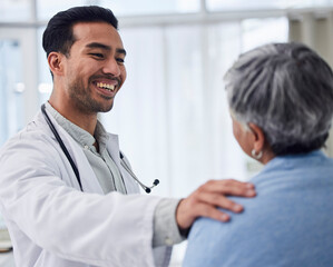 Happy asian man, doctor and patient for consultation, checkup or healthcare appointment at the...