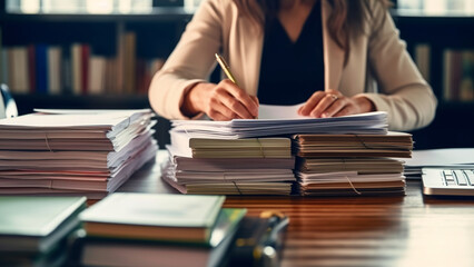Business woman working with financial report. Working hard on paperwork piled up on the desk.
