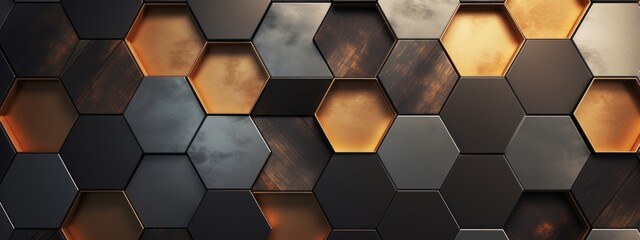 Abstract futuristic luxurious digital geometric technology hexagon background banner illustration 3d - Glowing gold, brown, gray and black hexagonal 3d shape texture wall (Generative Ai)