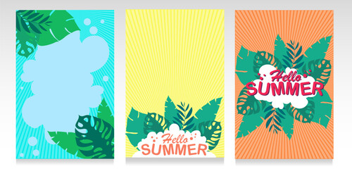 Summer covers set. Pastel colors with rays, exotic foliage and space for text and logo.