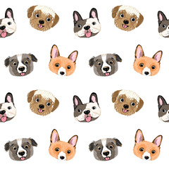 Seamless Pattern of Hand Drawn Cartoon Dog Face Design, Watercolor Style, on White Background