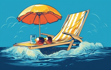 A painting of a beach chair and two oranges. AI