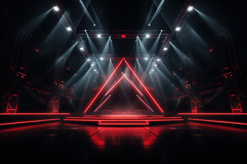 Big stage with red neon light luminance background.