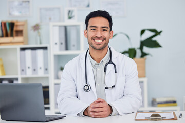 Doctor, portrait and man in healthcare office for consultation, support and services with...