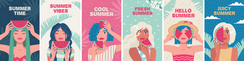 Obraz na płótnie Canvas Summer time, vacation, sea. Set of postcards, posters, covers. Woman with slices of watermelon. Vector illustration in a minimalist style
