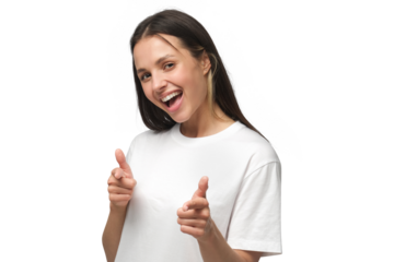 Close-up of young woman smiling with excitement and pointing to viewer