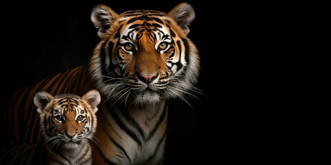 Portrait of a tiger sitting together with a tiger cub on an isolated black background and close-up. Generative AI