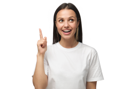 I have an idea! Young woman keeping finger pointed upwards, making gesture with index finger. Eureka, solution sign