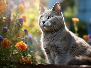 Russian Blue Cat in a garden (Generative AI)