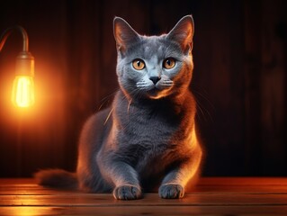 Russian Blue Cat on a wooden table (Generative AI)