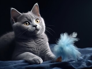 Russian Blue Cat playing with a feather toy (Generative AI)