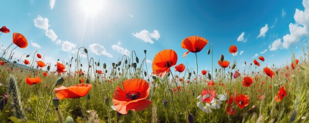 Fototapeta premium Close up beautiful banner red poppy flowers in summer in nature outdoors on sunny day against blue sky. Blooming poppies in wild. Ai generative.