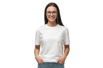 Young smiling woman standing with hands in pockets, wearing blank white tshirt with copy space - obrazy, fototapety, plakaty