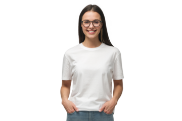 Young smiling woman standing with hands in pockets, wearing blank white tshirt with copy space