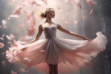 An elegant ballerina frozen in mid-air, capturing the grace and poise of the human form. - obrazy, fototapety, plakaty