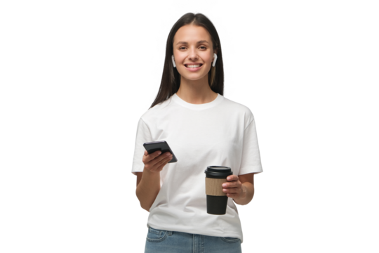 Woman looking at camera while holding phone in one hand and coffee cup in other