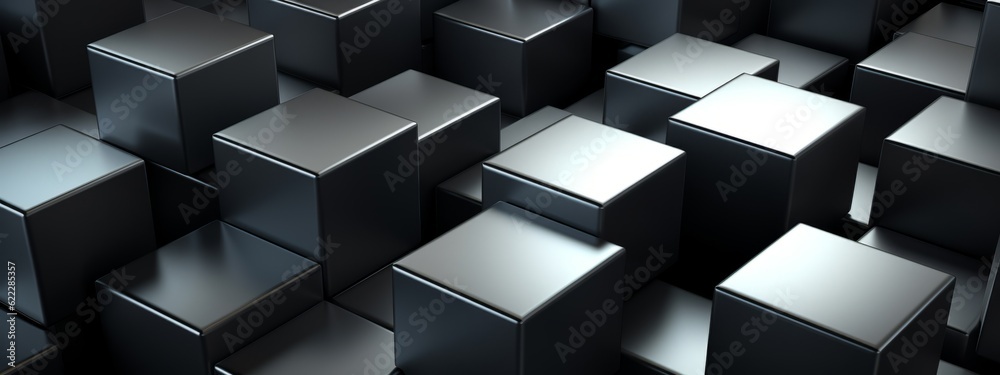 Poster Abstract geometric metallic silver 3d texture wall with squares and square cubes background banner illustration with glowing lights, textured metal wallpaper (Generative Ai)