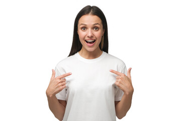 Young surprised woman pointing to her white t-shirt with fingers, showing empty space for your text
