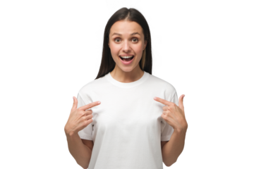 Young surprised woman pointing to her white t-shirt with fingers, showing empty space for your text