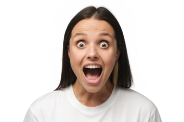 European girl with eyes and mouth round with surprise because of beneficial commercial offer, isolated on background