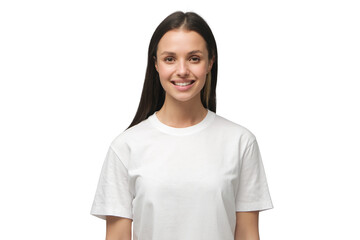 Young woman standing in front of camera in white t-shirt with happy smile