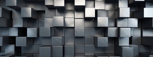 Abstract geometric metallic silver 3d texture wall with squares and square cubes background banner illustration with glowing lights, textured metal wallpaper (Generative Ai)