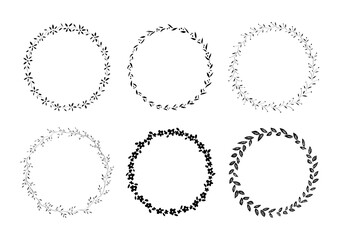 花の円形フレームイラストセット（黒）