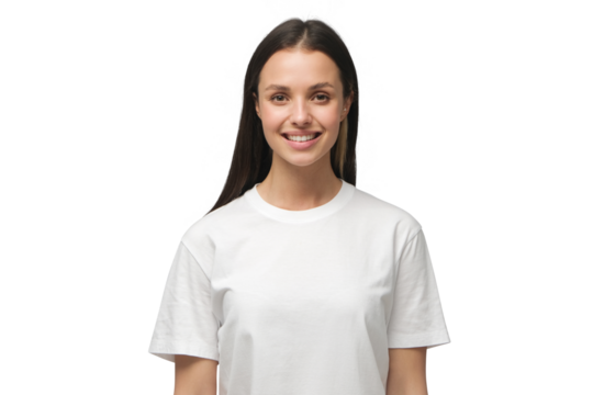 Young woman standing in front of camera in white t-shirt with happy smile