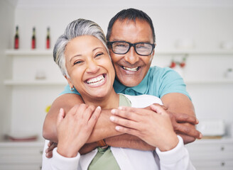 Hug, love and happy with portrait of old couple for support, smile and relax. Happiness, kindness...