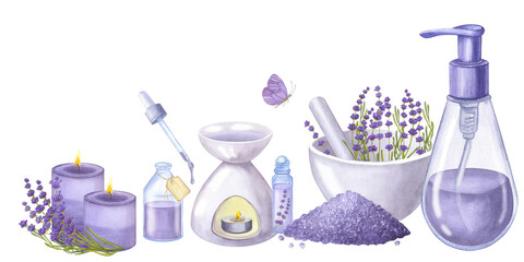 Banner violet lavender flowers, essential oil, cosmetics bottles, soap. Hand drawn watercolor illustration isolated on white background. For cosmetics packaging, beauty magazines, logo