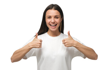 Young woman showing thumbs up with positive emotions and happiness. Satisfaction with quality and...