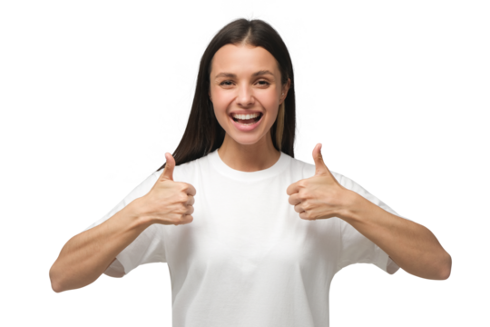 Young woman showing thumbs up with positive emotions and happiness. Satisfaction with quality and recommendation