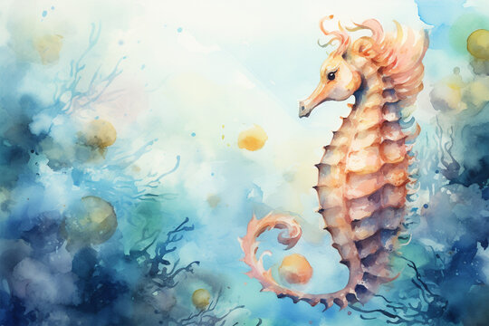 watercolor style painting of the shape of a sea horse