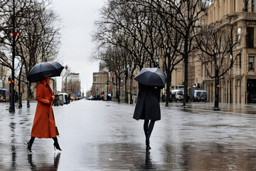 A woman with an umbrella in the city on a rainy day