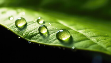Vibrant green foliage leaf adorned with dewdrops, showcasing the beauty of nature's fragility. Generative AI
