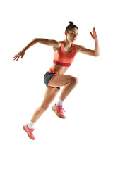 Fototapeta na wymiar Athletic young woman in sportswear train, running isolated over transparent background. Sprinter