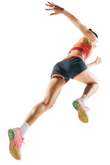 Side view image of young sportive woman, professional runner, athlete in motion, training isolated...