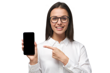 Businesswoman pointing finger at blank screen of phone with positive smile