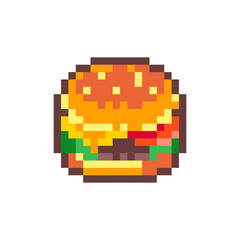 Pixel Art Burger. Retro 8 bit Style Fast Food Burger  with Cheese or Ham. Illustration. Ideal for Sticker, Retro Decorative Element, Game Asset, Emoji, or Cute Geek Avatar.