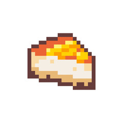 Pixel Art Cheesecake. Retro 8 bit Style Sweet Dessert Cheese Cake Illustration. Ideal for Sticker, Retro Decorative Element, Game Asset, Emoji, or Cute Geek Avatar.