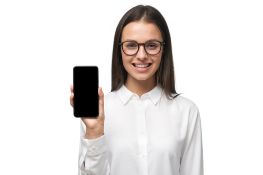 Young business woman wearing formal office shirt and big eyeglasses showing phone with blank screen and presenting it