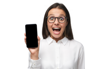 Business woman deeply moved by commercial offer she sees on blank phone screen, shouting and amazed