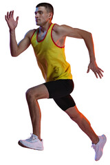 Side view image of young sportive man, professional runner, athlete in motion, training isolated...