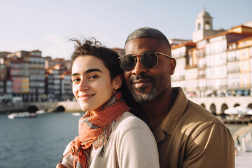 Happy multiracial couple travelling in a city near a river. Generative AI