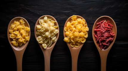 Four wooden spoons with different types and colors pasta, top view? Generative AI
