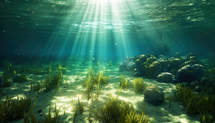 Fototapeta na wymiar Submerged Serenity Beneath the Surface Exploring the Calm and Tranquil Underwater World with Generative AI and Sunlit Depths Sunlit Aquatic Paradise