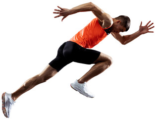 Developing speed. Muscular young man, professional athlete in motion, running isolated over...