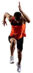 Front view. Dynamics. Muscular young man, professional athlete in motion, running isolated over...