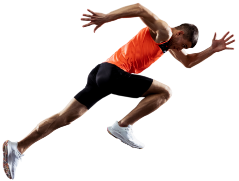 Developing speed. Muscular young man, professional athlete in motion, running isolated over transparent background